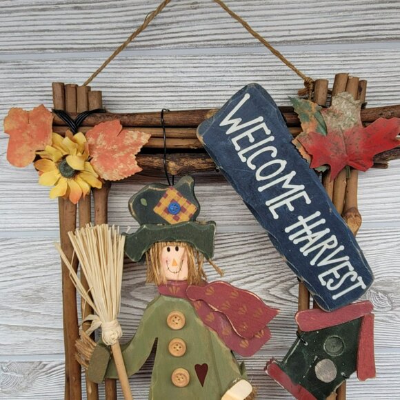 Welcome Harvest Fall Scarecrow Wall Hanging Decor‎ Crow Bird House Pumpkin READ - Picture 3 of 7